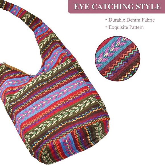 Women's Cotton Canvas Large Crossbody Hobo Bag with Zipper and Multiple Pockets - Picture 4 of 9